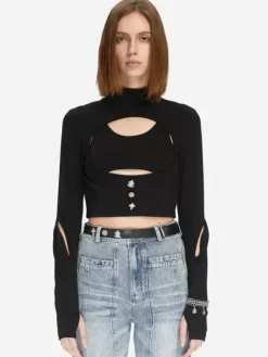 Women C2H4 005 - Arc Layered Hollowed-Out Fitted Jumper