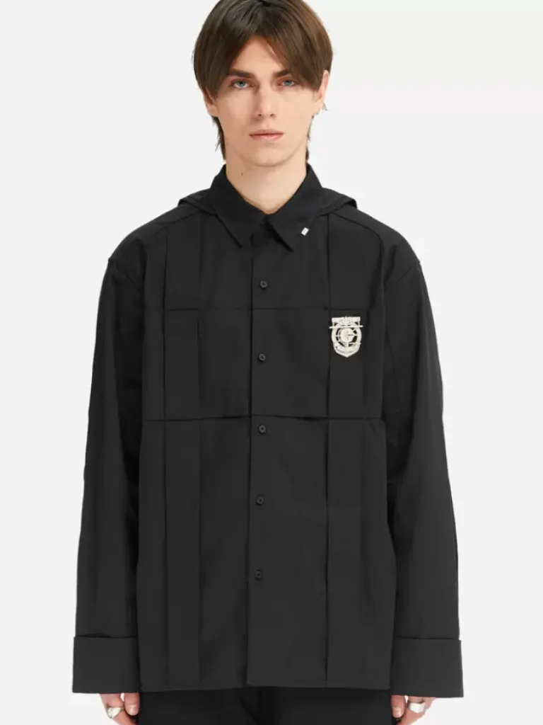 Men C2H4 005 - Paneled Stripe Pleated Badge Shirt