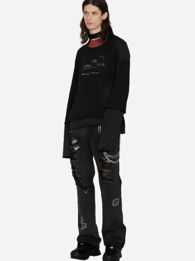 Men C2H4 003 - Panelled Distressed Double Layer Long-Sleeve T-Shirt