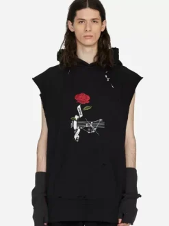 Men C2H4 003 - "Rose On Score" Distressed Sleeveless Hoodie