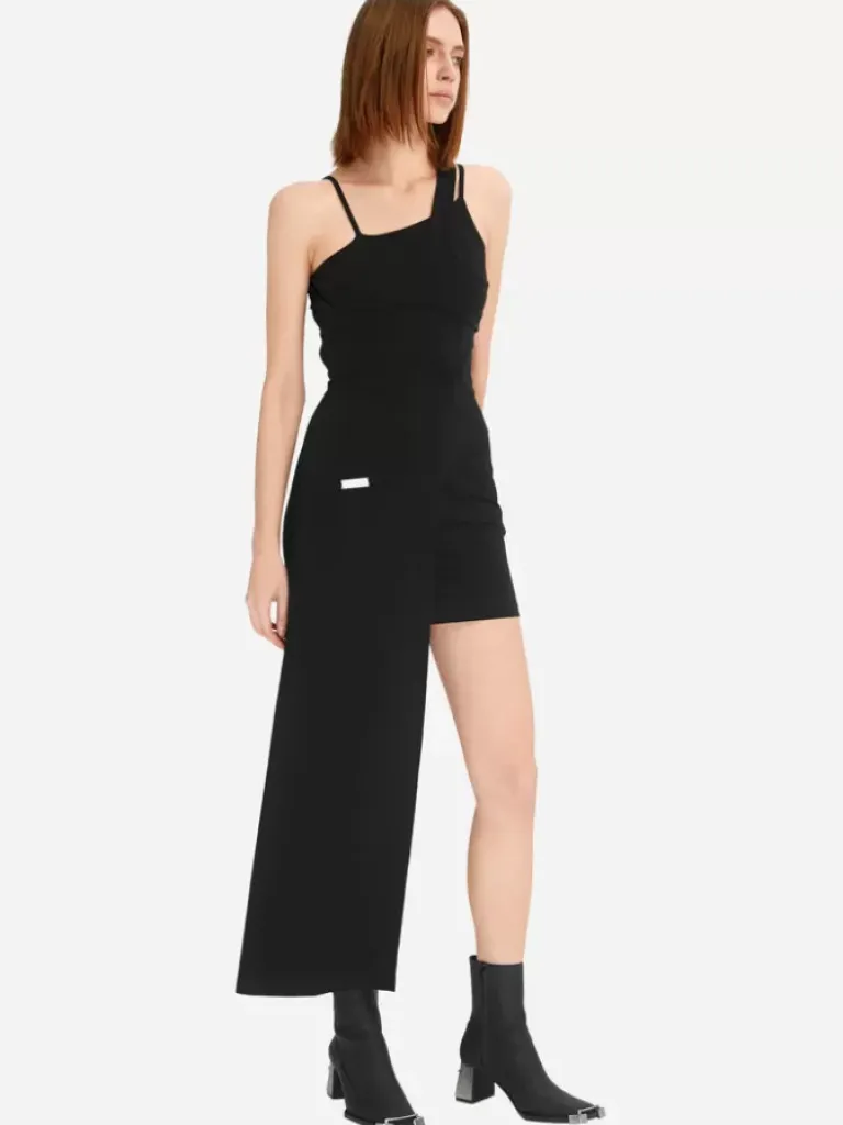 Women C2H4 Staff Uniform Asymmetric Hem Midi Dress