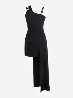 Women C2H4 Staff Uniform Asymmetric Hem Midi Dress