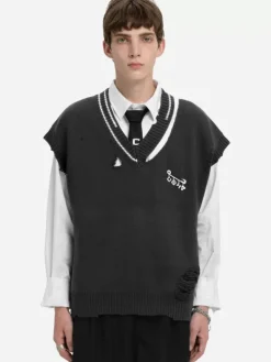 Men C2H4 Staff Uniform Distressed V-Neck Sleeveless Knit Vest