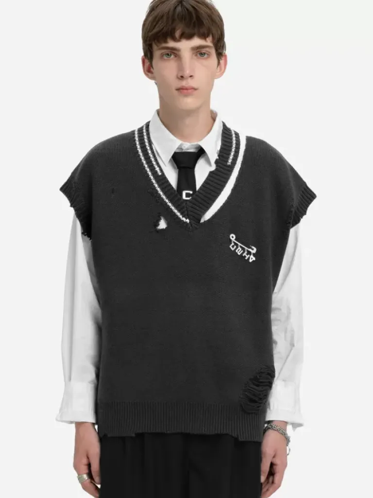 Men C2H4 Staff Uniform Distressed V-Neck Sleeveless Knit Vest