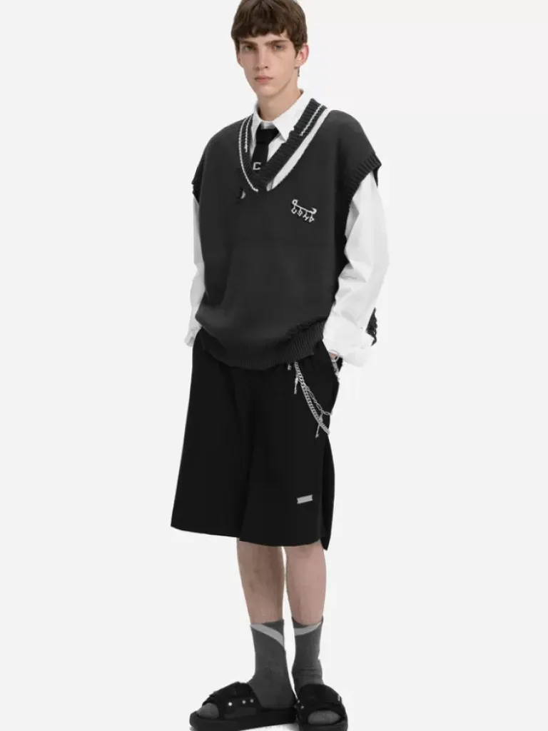 Men C2H4 Staff Uniform Distressed V-Neck Sleeveless Knit Vest