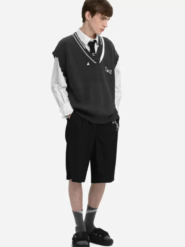 Men C2H4 Staff Uniform Distressed V-Neck Sleeveless Knit Vest