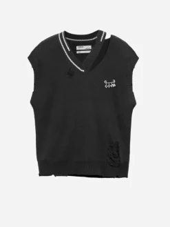 Men C2H4 Staff Uniform Distressed V-Neck Sleeveless Knit Vest