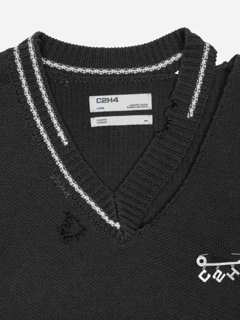 Men C2H4 Staff Uniform Distressed V-Neck Sleeveless Knit Vest