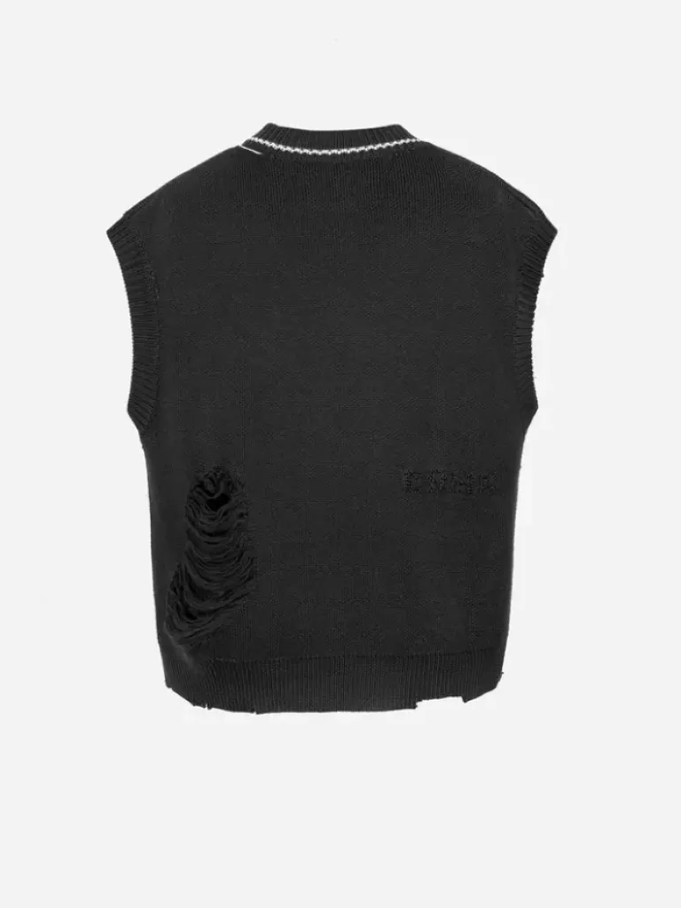 Men C2H4 Staff Uniform Distressed V-Neck Sleeveless Knit Vest