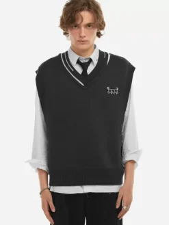 Men C2H4 Staff Uniform Distressed V-Neck Sleeveless Knit Vest