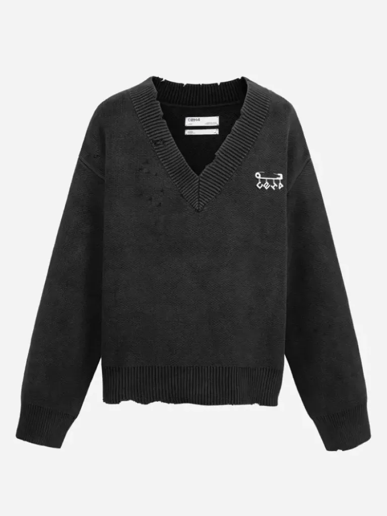 Men C2H4 006 - Sunburnt Distressed V-Neck Knit Sweater
