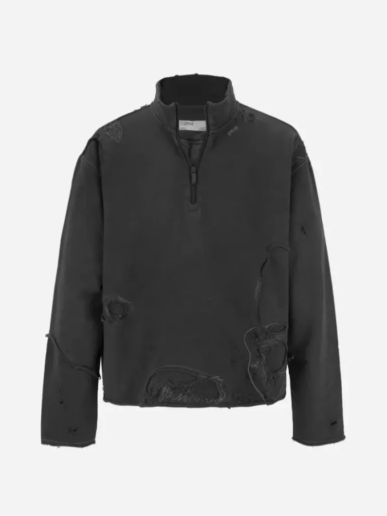 Men C2H4 001-X - Ruin Distressed Zip-Up Crewneck